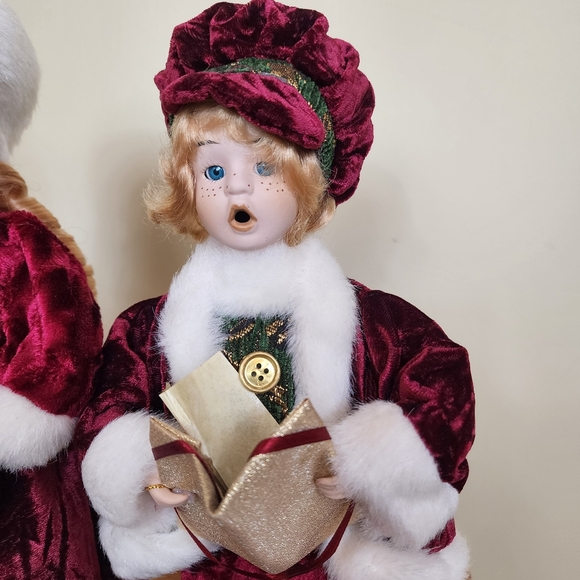 Red Velvet Velour Victorian Girl and Boy Christmas Caroler Set Christmas Decor - Picture 3 of 11